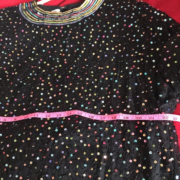 Vintage Saks Fifth Avenue Dress Sequins Rainbow Black Beaded Ruched Mini - Picture 11 of 14